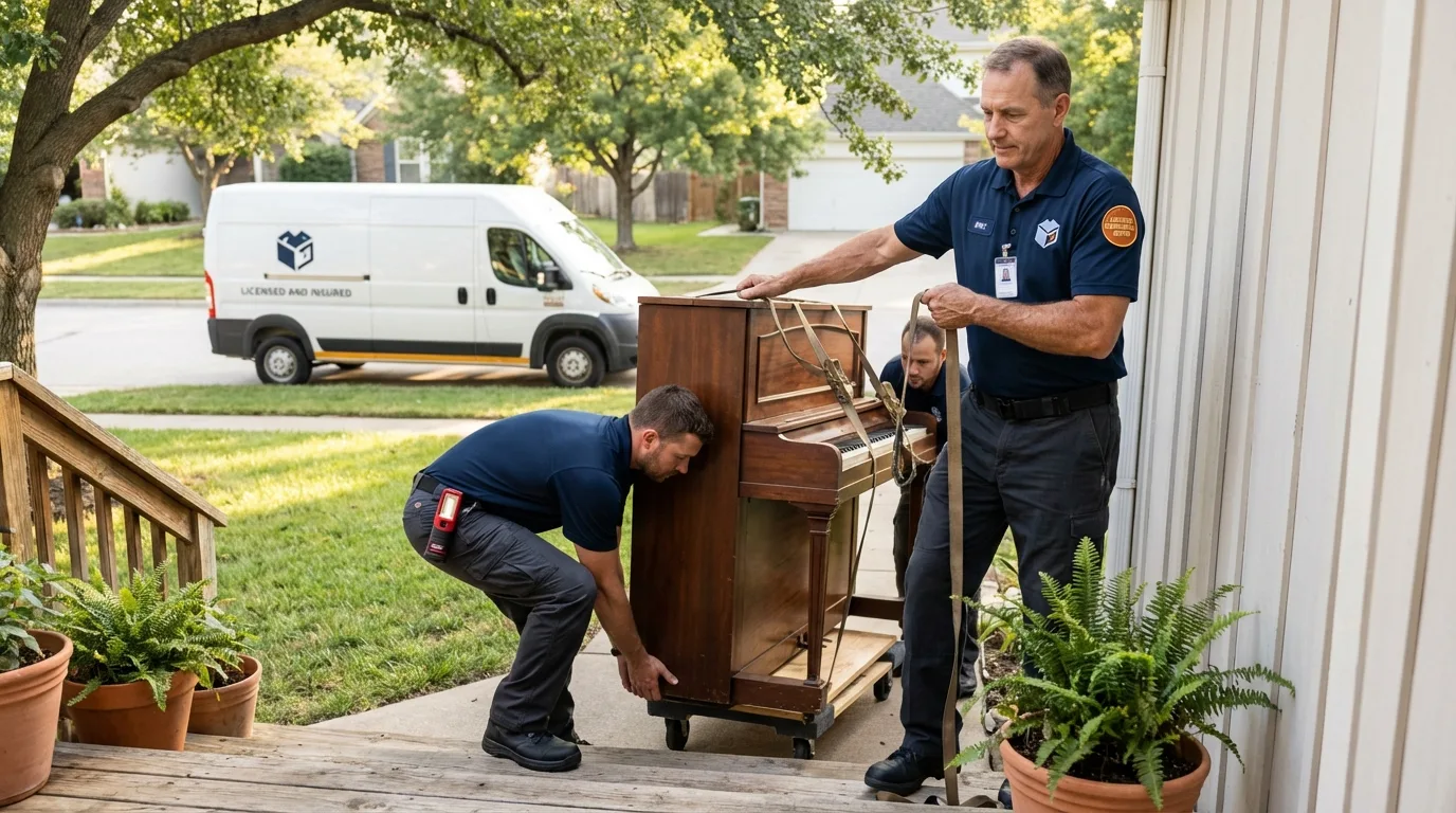 Licensed piano movers securing grand piano in Waldwick, NJ