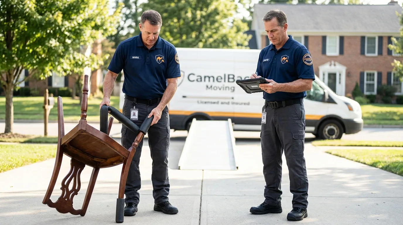 Movers inspecting furniture for damage prevention before loading in Waldwick, NJ