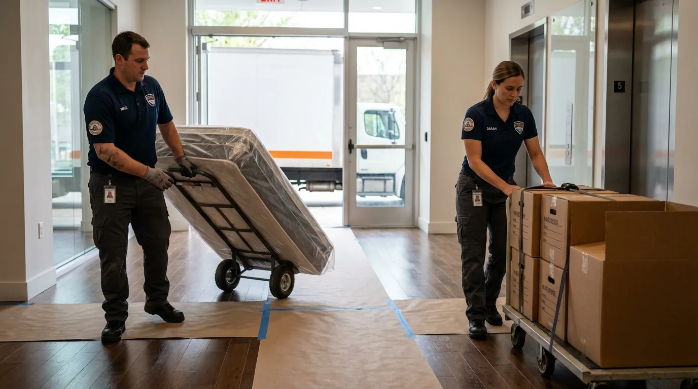 Professional apartment movers loading elevator in Waldwick, NJ